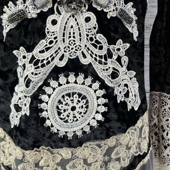 Passion Concept Blouse Tunic sz Small Black Velveteen Lace Beads Gothic Wedding - Picture 8 of 14